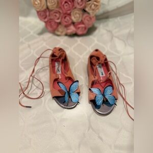 Vintage Jimmy Choo Pink Flats Sandals Orchid Flowers 5.5 Suede Wrap Straps Tie